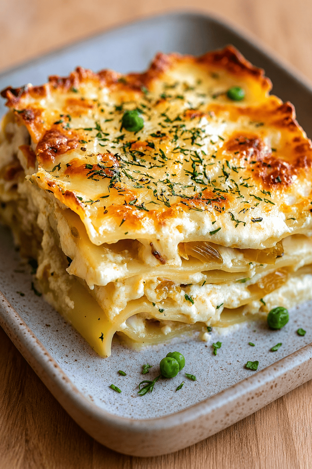 Lasagnes fondantes au cabillaud, fenouil braisé et citron confit servies dans un plat gratiné avec parmesan doré, aneth et petits pois.