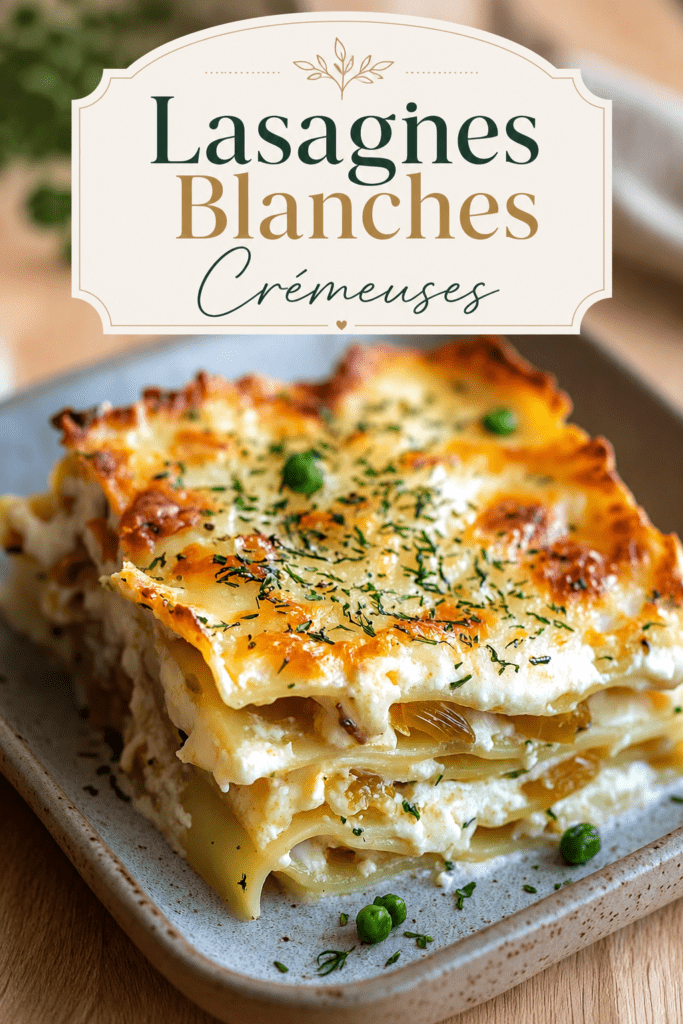 Lasagnes fondantes au cabillaud, fenouil braisé et citron confit servies dans un plat gratiné avec parmesan doré, aneth et petits pois.