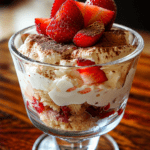 Verrines façon tiramisu aux fraises servies dans des verres transparents, avec crème mascarpone, biscuits imbibés, fraises fraîches et cacao.