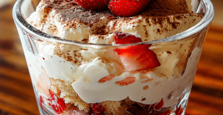 Verrines façon tiramisu aux fraises servies dans des verres transparents, avec crème mascarpone, biscuits imbibés, fraises fraîches et cacao.