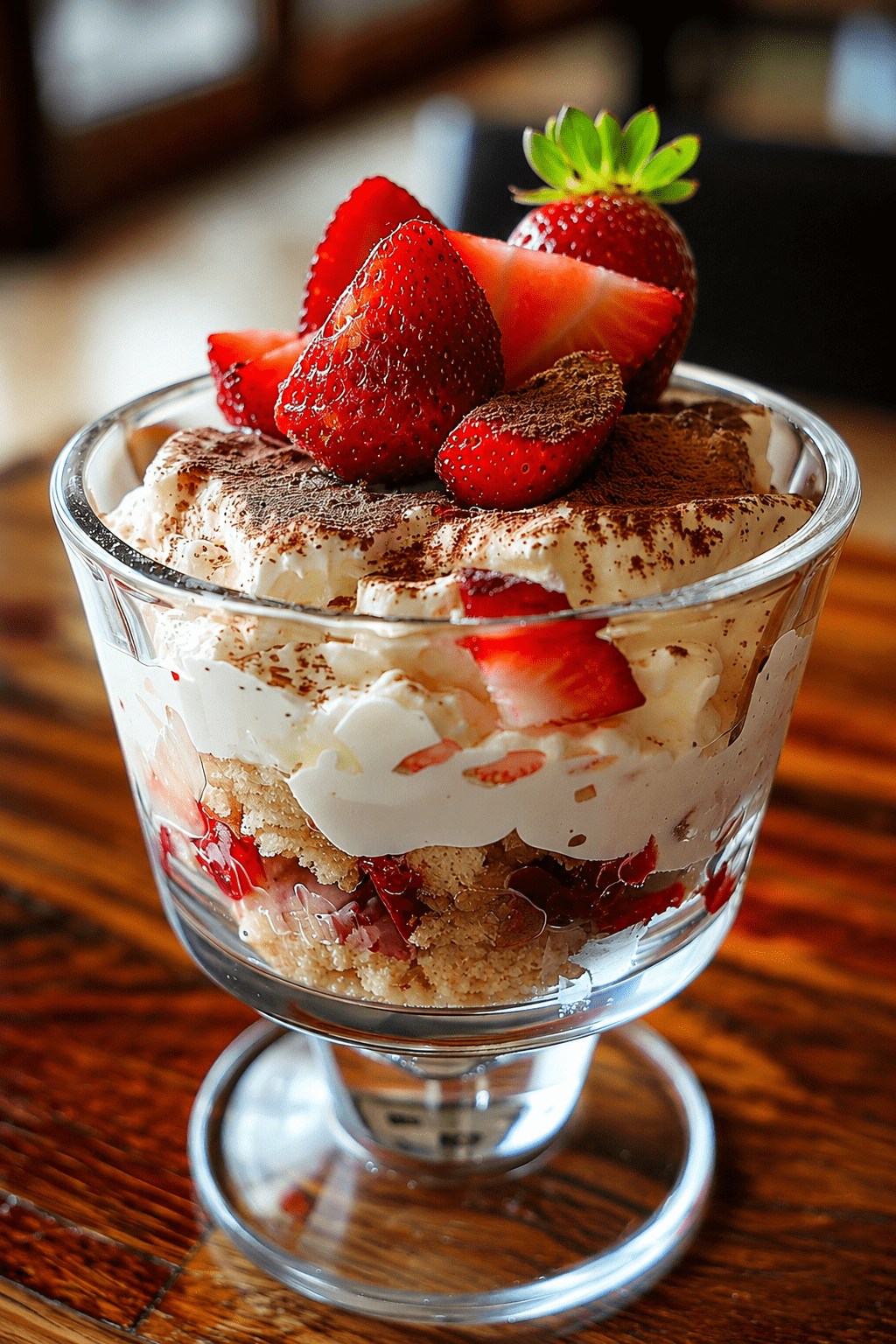 Verrines façon tiramisu aux fraises servies dans des verres transparents, avec crème mascarpone, biscuits imbibés, fraises fraîches et cacao.