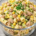 Salade froide de pâtes au thon et maïs servie dans un bol, avec céleri croquant, cornichons, sauce crémeuse au yaourt et ciboulette fraîche.