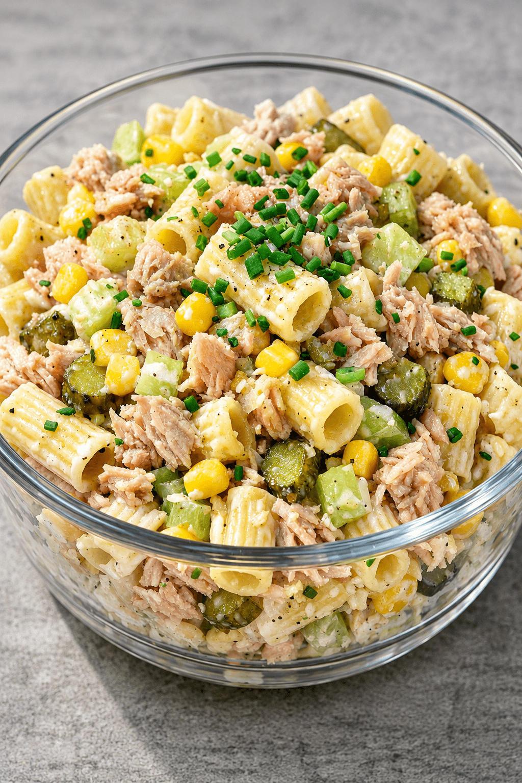 Salade froide de pâtes au thon et maïs servie dans un bol, avec céleri croquant, cornichons, sauce crémeuse au yaourt et ciboulette fraîche.