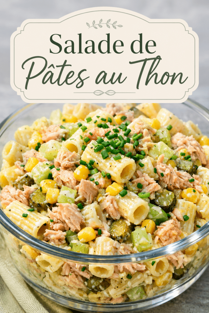 Salade froide de pâtes au thon et maïs servie dans un bol, avec céleri croquant, cornichons, sauce crémeuse au yaourt et ciboulette fraîche.