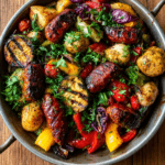 Poêlée rustique de merguez rôties servie avec pommes de terre dorées, courgette, poivrons rouges et jaunes, tomates cerises et persil frais.