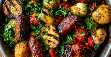 Poêlée rustique de merguez rôties servie avec pommes de terre dorées, courgette, poivrons rouges et jaunes, tomates cerises et persil frais.