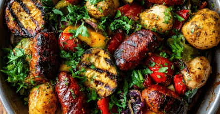 Poêlée rustique de merguez rôties servie avec pommes de terre dorées, courgette, poivrons rouges et jaunes, tomates cerises et persil frais.
