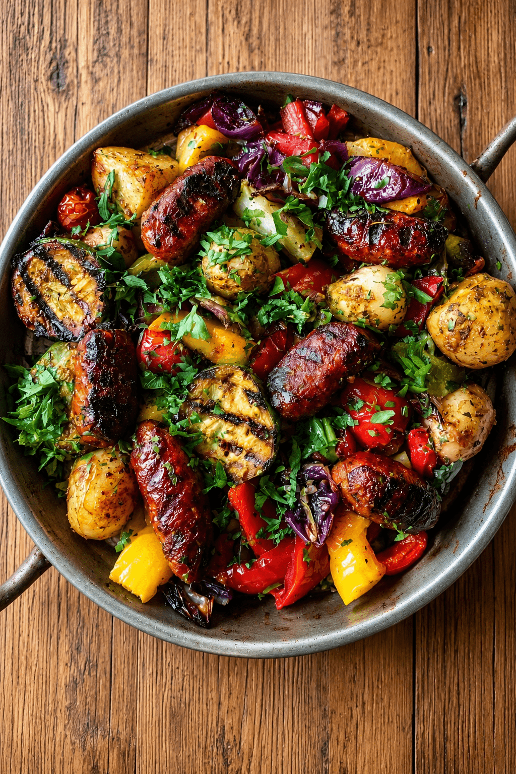 Poêlée rustique de merguez rôties servie avec pommes de terre dorées, courgette, poivrons rouges et jaunes, tomates cerises et persil frais.