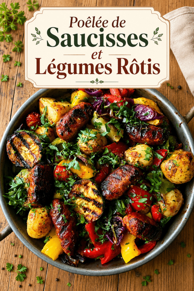 Poêlée rustique de merguez rôties servie avec pommes de terre dorées, courgette, poivrons rouges et jaunes, tomates cerises et persil frais.