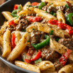 Pâtes crémeuses au bœuf haché et poivrons servies dans une assiette creuse, avec sauce onctueuse au fromage, persil frais et poivre noir.