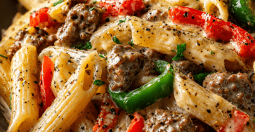 Pâtes crémeuses au bœuf haché et poivrons servies dans une assiette creuse, avec sauce onctueuse au fromage, persil frais et poivre noir.