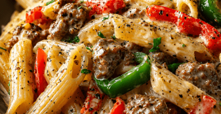 Pâtes crémeuses au bœuf haché et poivrons servies dans une assiette creuse, avec sauce onctueuse au fromage, persil frais et poivre noir.