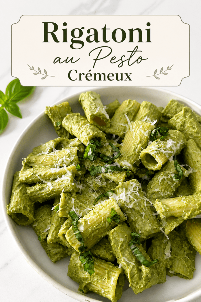 Pâtes crémeuses au pesto vert servies dans une assiette creuse avec parmesan râpé, basilic frais et sauce verte onctueuse.