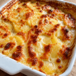 Gratin de pommes de terre fondant au fromage dans un plat familial, bien doré sur le dessus, avec une texture crémeuse et des pommes de terre tendres nappées de fromage fondu.
