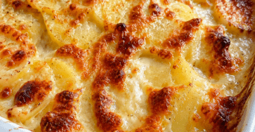 Gratin de pommes de terre fondant au fromage dans un plat familial, bien doré sur le dessus, avec une texture crémeuse et des pommes de terre tendres nappées de fromage fondu.