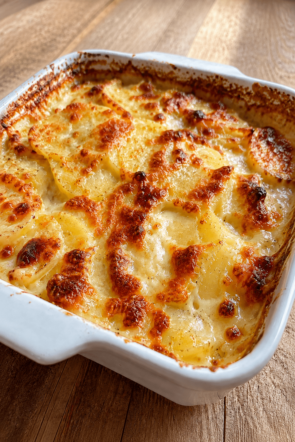 Gratin de pommes de terre fondant au fromage dans un plat familial, bien doré sur le dessus, avec une texture crémeuse et des pommes de terre tendres nappées de fromage fondu.