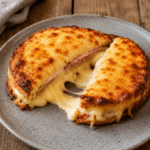 Croque-monsieur ultra coulant coupé en deux, avec du fromage fondu qui s’étire, du pain de mie doré au four, du jambon et une garniture crémeuse au fromage.