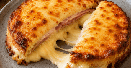 Croque-monsieur ultra coulant coupé en deux, avec du fromage fondu qui s’étire, du pain de mie doré au four, du jambon et une garniture crémeuse au fromage.