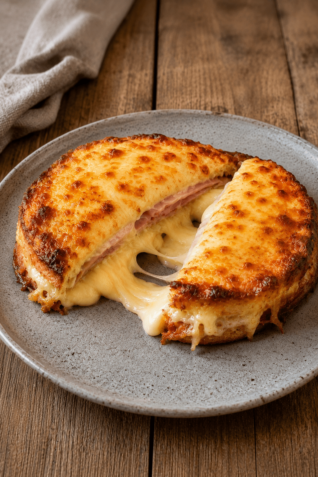 Croque-monsieur ultra coulant coupé en deux, avec du fromage fondu qui s’étire, du pain de mie doré au four, du jambon et une garniture crémeuse au fromage.