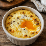 Œufs cocotte crème fromage servis dans des ramequins individuels, avec un jaune coulant, une crème onctueuse, du fromage fondu et quelques herbes fraîches sur le dessus.