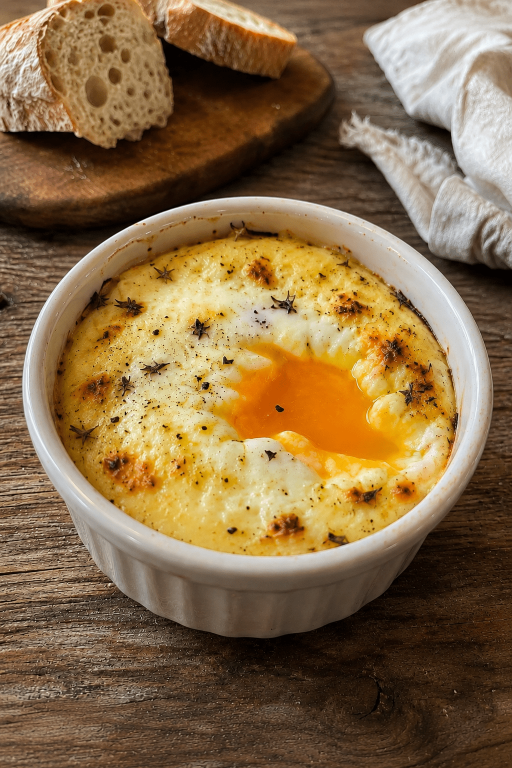 Œufs cocotte crème fromage servis dans des ramequins individuels, avec un jaune coulant, une crème onctueuse, du fromage fondu et quelques herbes fraîches sur le dessus.