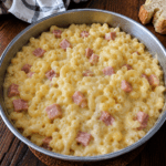 Coquillettes jambon fromage crémeuses servies dans une assiette creuse, avec une sauce onctueuse à la crème, du fromage fondu et des morceaux de jambon.