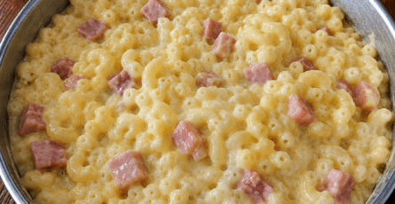 Coquillettes jambon fromage crémeuses servies dans une assiette creuse, avec une sauce onctueuse à la crème, du fromage fondu et des morceaux de jambon.