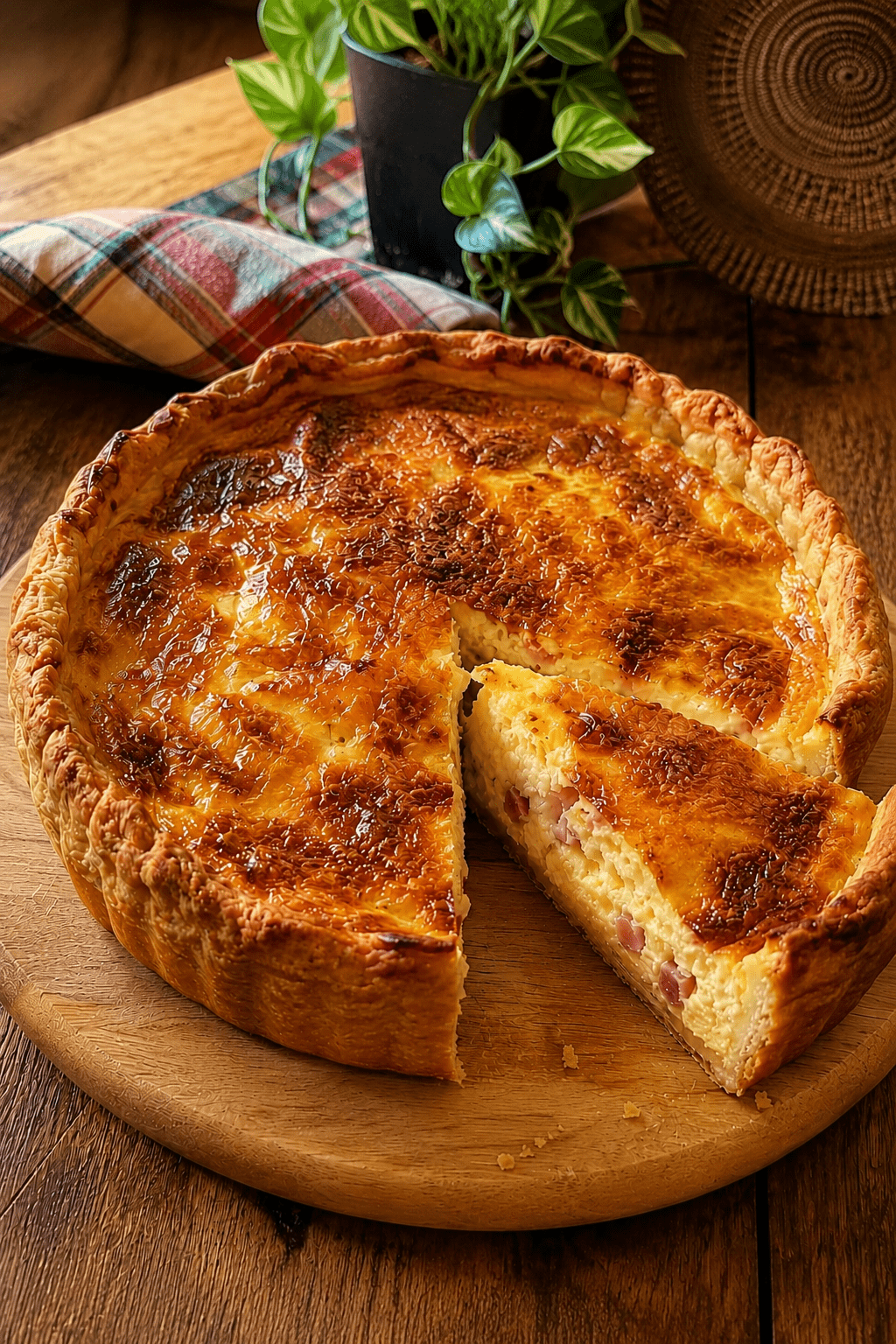 Quiche Lorraine bien dorée servie dans un moule à tarte, avec une pâte brisée croustillante, une garniture moelleuse aux œufs, crème fraîche et lardons, accompagnée d’une salade verte.