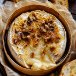 Camembert rôti au miel et noix servi bien chaud dans sa boîte en bois, avec un cœur de fromage coulant, des noix croquantes, du thym et du pain grillé à tremper.