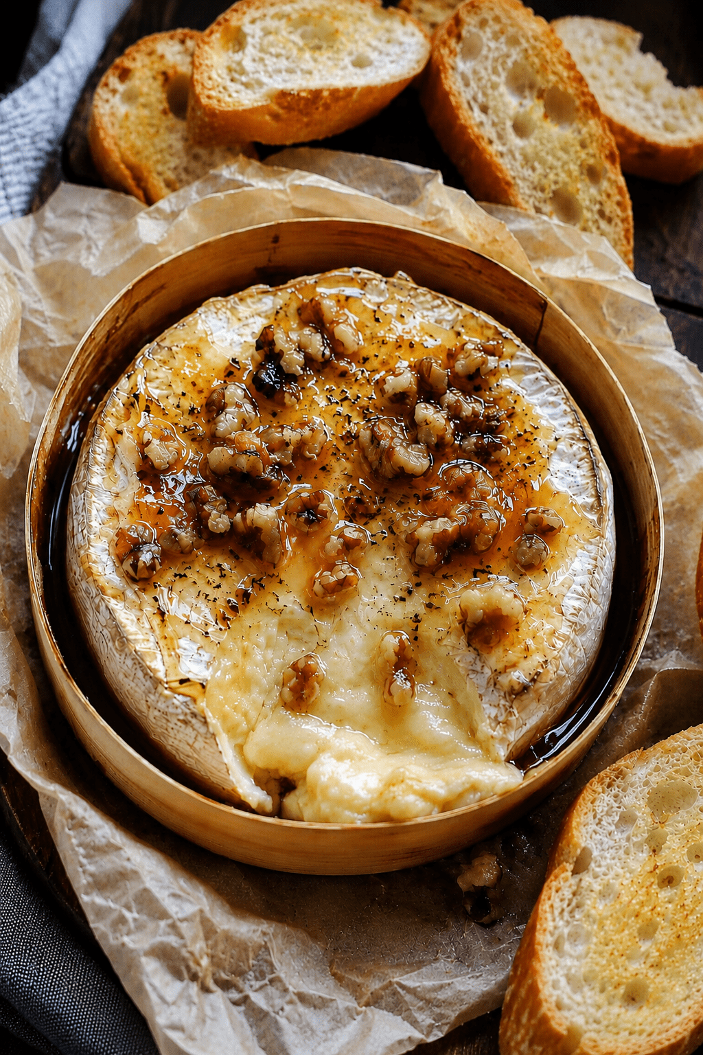 Camembert rôti au miel et noix servi bien chaud dans sa boîte en bois, avec un cœur de fromage coulant, des noix croquantes, du thym et du pain grillé à tremper.