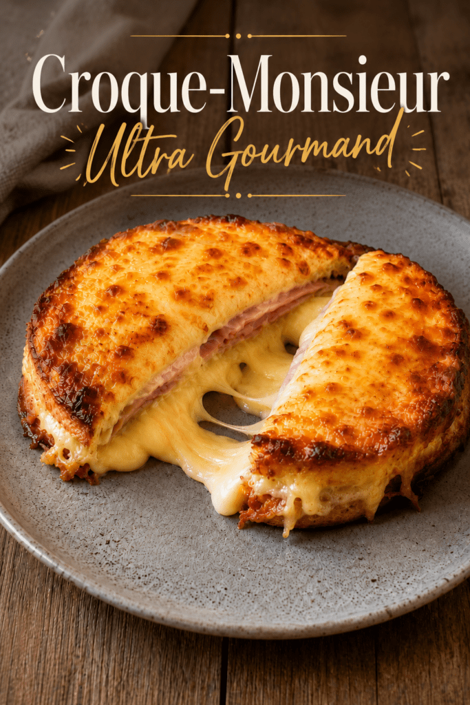 Croque-monsieur ultra coulant coupé en deux, avec du fromage fondu qui s’étire, du pain de mie doré au four, du jambon et une garniture crémeuse au fromage.