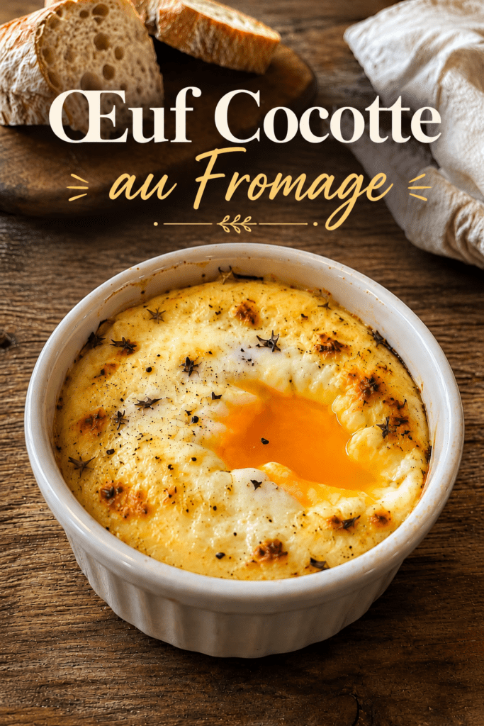 Œufs cocotte crème fromage servis dans des ramequins individuels, avec un jaune coulant, une crème onctueuse, du fromage fondu et quelques herbes fraîches sur le dessus.