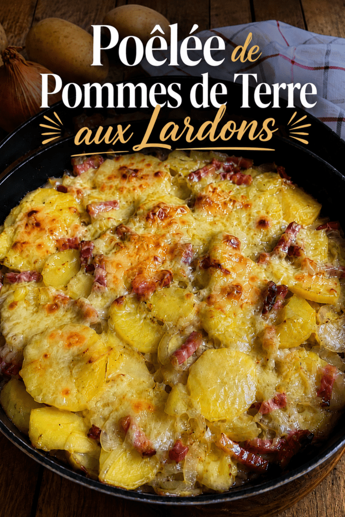 Tartiflette express à la poêle servie bien chaude, avec des pommes de terre dorées, des lardons, des oignons fondants et du reblochon coulant sur le dessus.