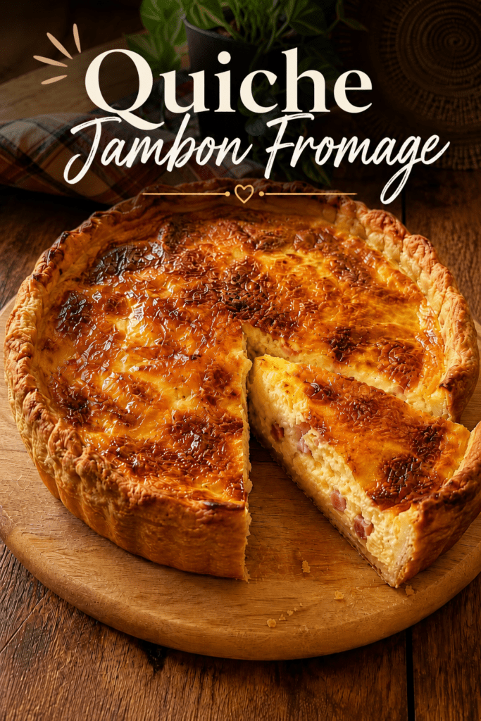 Quiche Lorraine bien dorée servie dans un moule à tarte, avec une pâte brisée croustillante, une garniture moelleuse aux œufs, crème fraîche et lardons, accompagnée d’une salade verte.