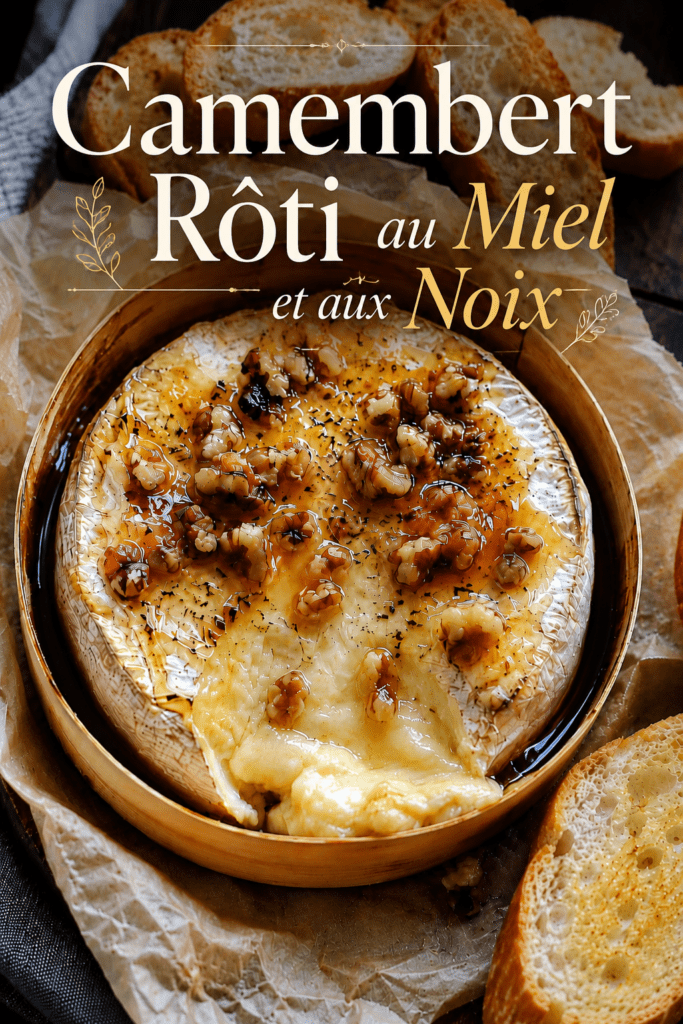Camembert rôti au miel et noix servi bien chaud dans sa boîte en bois, avec un cœur de fromage coulant, des noix croquantes, du thym et du pain grillé à tremper.