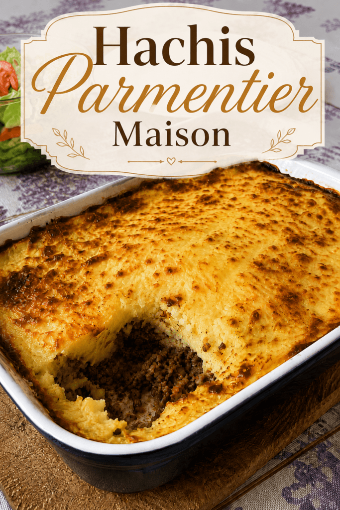 Hachis Parmentier gratiné maison servi dans un plat familial, avec une couche de purée dorée au fromage, une viande hachée fondante dessous et une texture crémeuse visible à la cuillère.