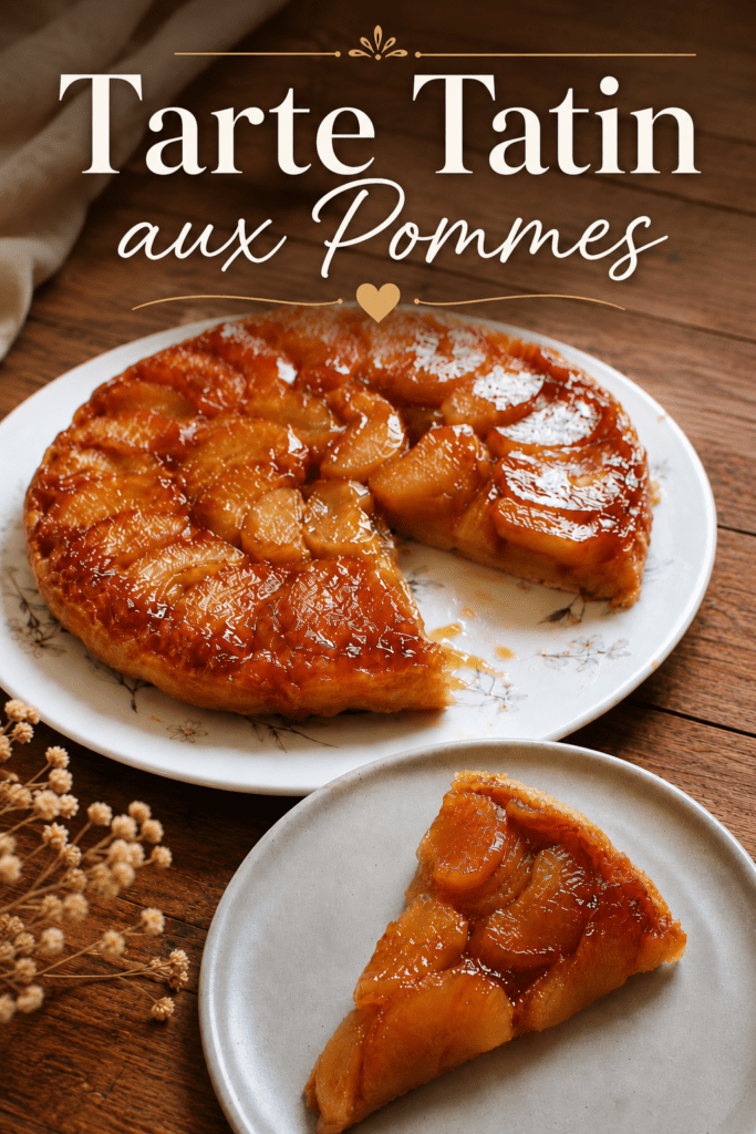 Tarte Tatin express aux pommes caramélisées, retournée sur une assiette, avec des quartiers de pommes fondants et brillants, une pâte feuilletée dorée et un caramel gourmand.
