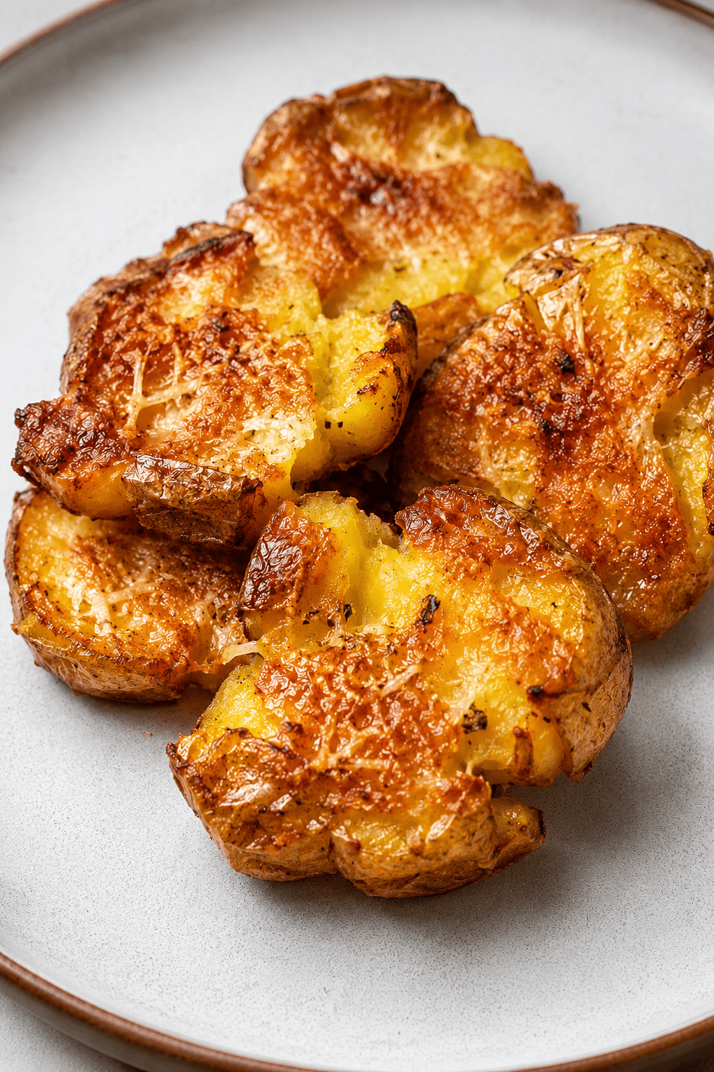 Pommes de terre écrasées croustillantes au parmesan, bien dorées au four, avec une surface croustillante, des herbes et du parmesan gratiné.