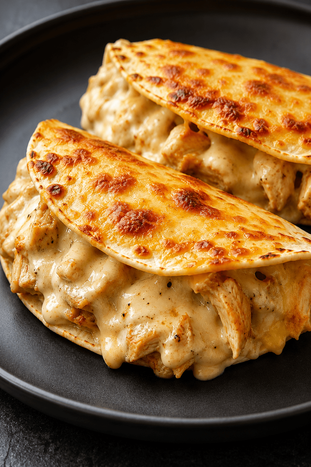 Tacos gratiné au poulet avec sauce fromagère crémeuse, tortillas dorées au four, fromage râpé gratiné et garniture fondante.