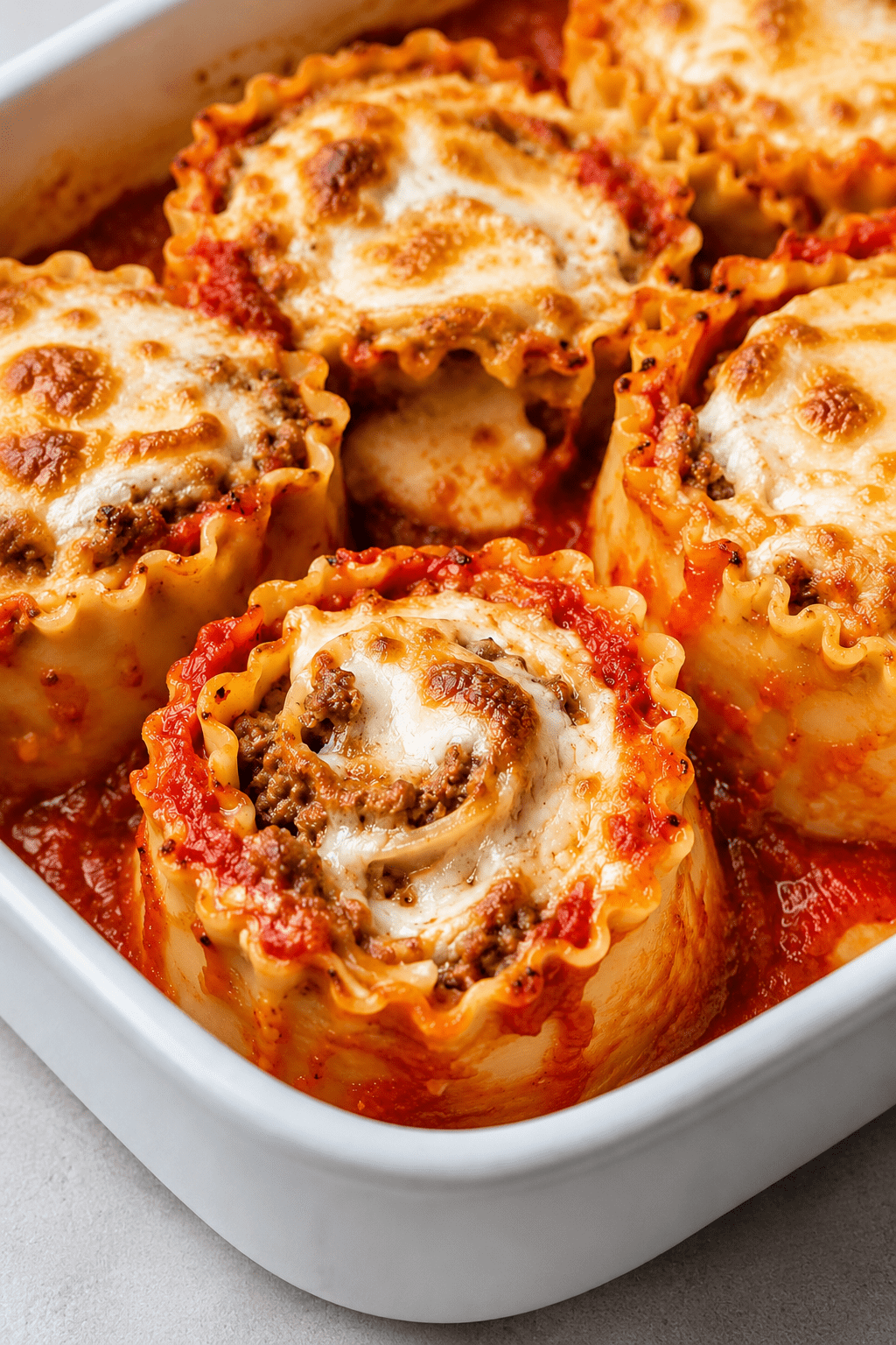 Lasagnes roulées à la viande hachée et mozzarella, gratinées au four avec sauce tomate, fromage fondant et herbes italiennes.