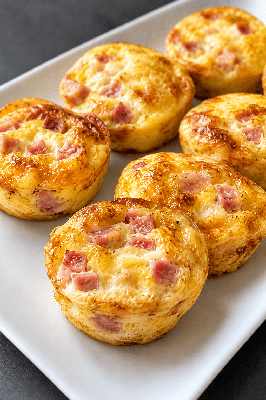 Mini quiches sans pâte au jambon et fromage, dorées dans des moules à muffins, avec une texture moelleuse et une garniture fondante.