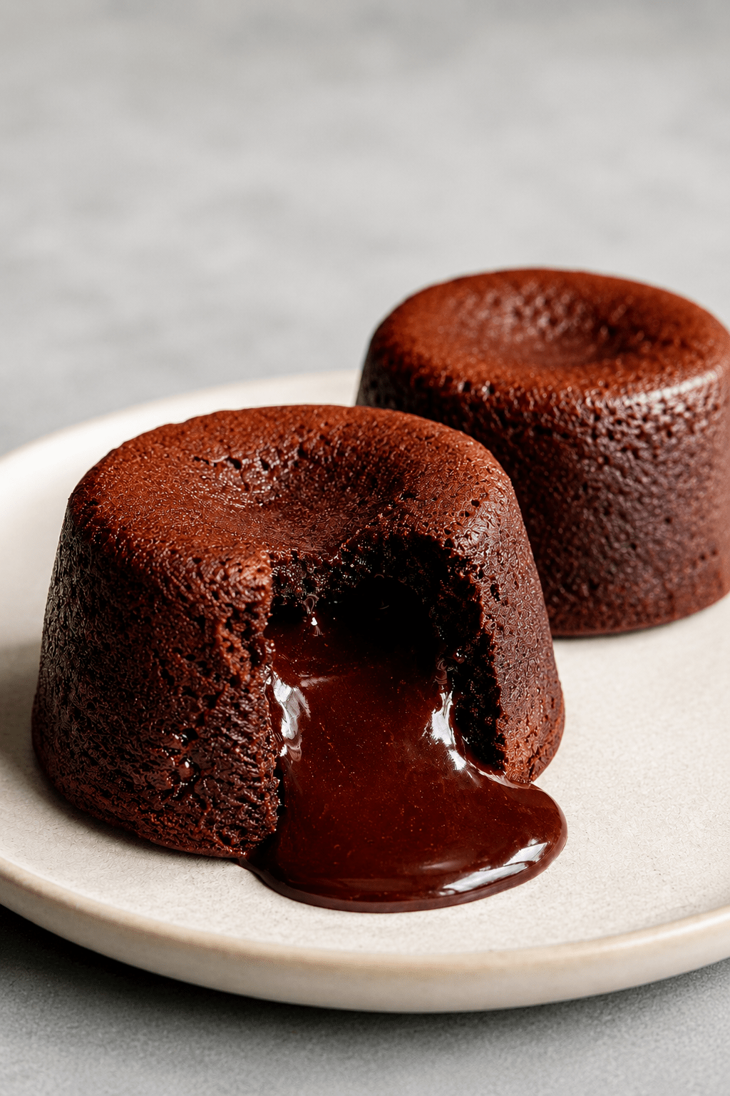Fondant au chocolat cœur coulant servi tiède, avec un intérieur chocolat fondu, une texture moelleuse et une surface légèrement craquelée.