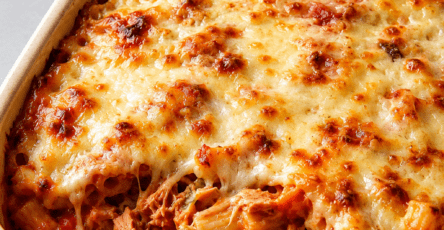 Gratin de pâtes au thon, sauce tomate et fromage râpé, bien doré au four dans un plat familial, avec une texture fondante et gratinée.