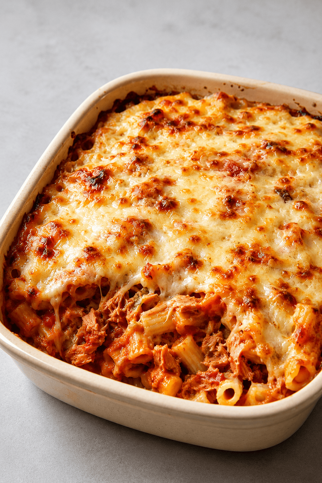 Gratin de pâtes au thon, sauce tomate et fromage râpé, bien doré au four dans un plat familial, avec une texture fondante et gratinée.