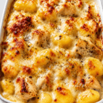 Gratin de gnocchis au poulet et fromage, bien doré au four, avec une sauce crémeuse, des morceaux de poulet et du fromage fondu.