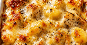 Gratin de gnocchis au poulet et fromage, bien doré au four, avec une sauce crémeuse, des morceaux de poulet et du fromage fondu.