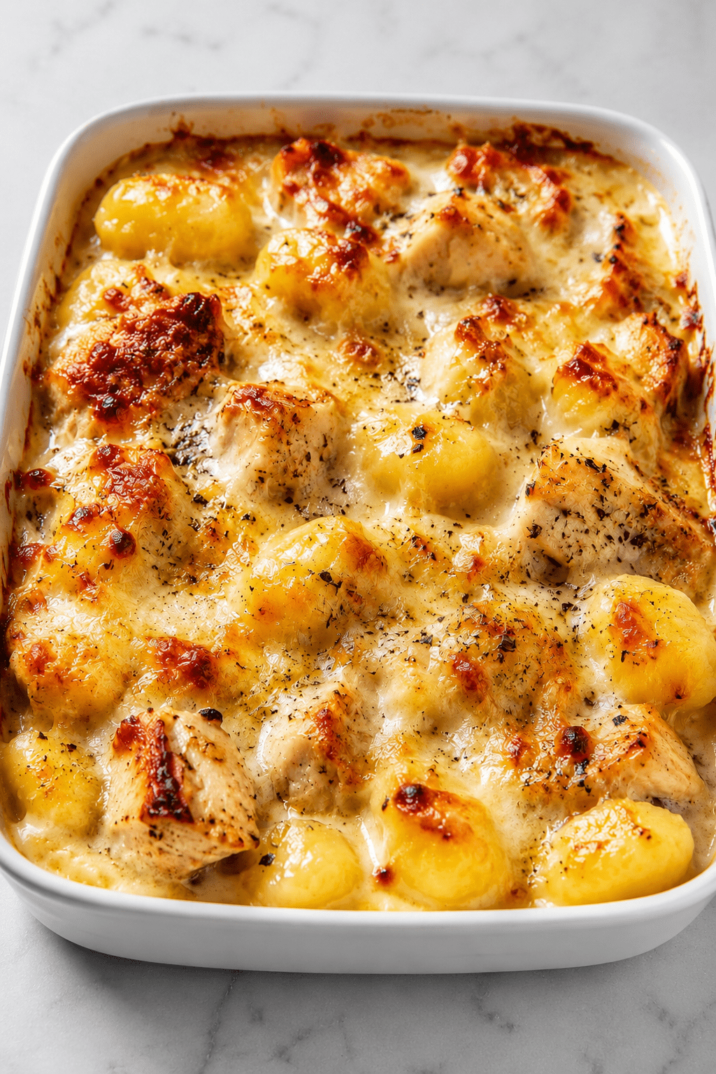 Gratin de gnocchis au poulet et fromage, bien doré au four, avec une sauce crémeuse, des morceaux de poulet et du fromage fondu.