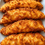 Poulet croustillant au four façon tenders, morceaux dorés et panés, servis chauds avec une texture croquante à l’extérieur et tendre à l’intérieur.