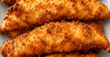 Poulet croustillant au four façon tenders, morceaux dorés et panés, servis chauds avec une texture croquante à l’extérieur et tendre à l’intérieur.