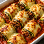 Roulés de courgettes gratinés à la viande hachée, nappés de sauce tomate et de mozzarella fondue, servis dans un plat familial doré au four.